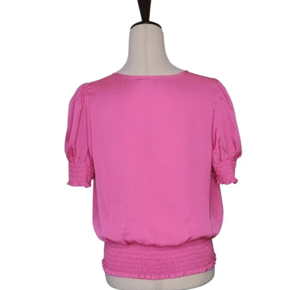Philosophy Republic Pink V-neck Short Puff Sleeve Smocked Blouse Size M